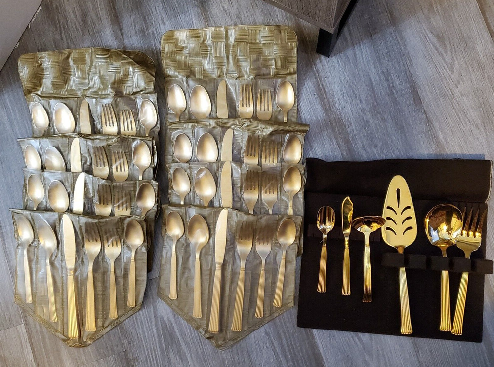 Vintage Elegant Cosmos Verme Gold Tableware Flatware Set Serving 8, 54 pieces